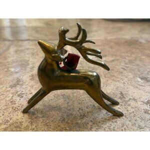 Vintage Brass Reindeer Figurine With Red Velvet Ribbon
